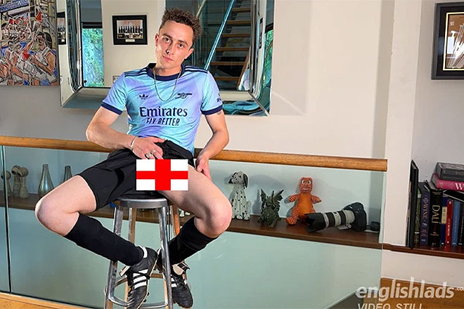 Young Straight Footballer Shows off his Lean Body & Edges his Long Uncut Cock Image